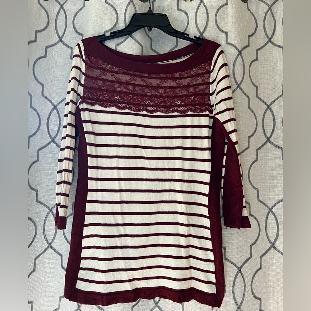 Burgundy Striped Top with Lace Detail